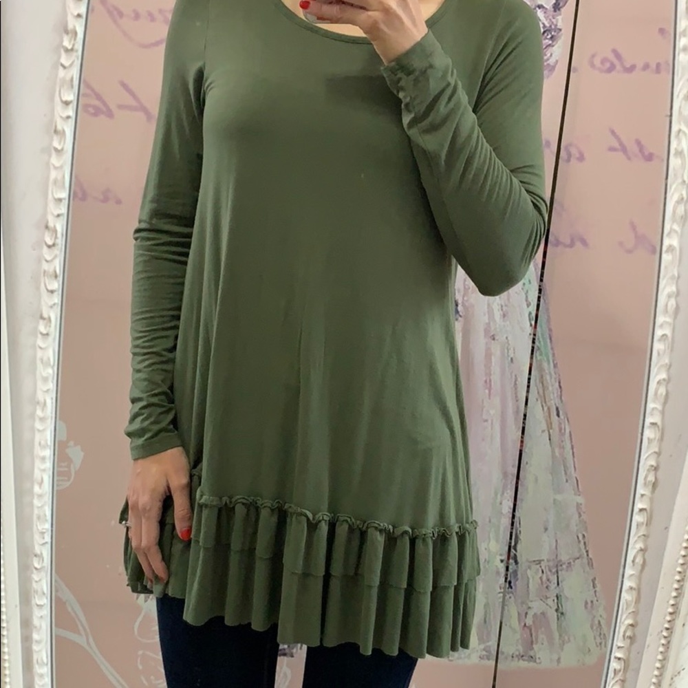 Olive green ruffle tunic from Magnolia Boutique